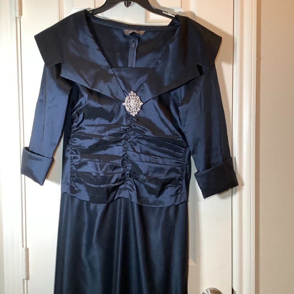 KM Collection by Milla Bell Navy Blue Gown with lace covering and silver brooch - Picture 4 of 8